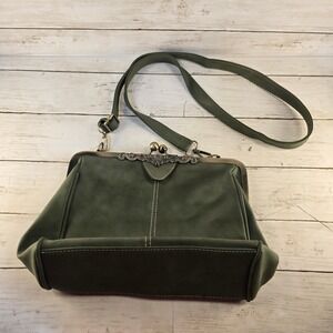 Ivy & Fig Olive Green Vegan Leather Kiss Lock Crossbody Doctor Bag Filigree